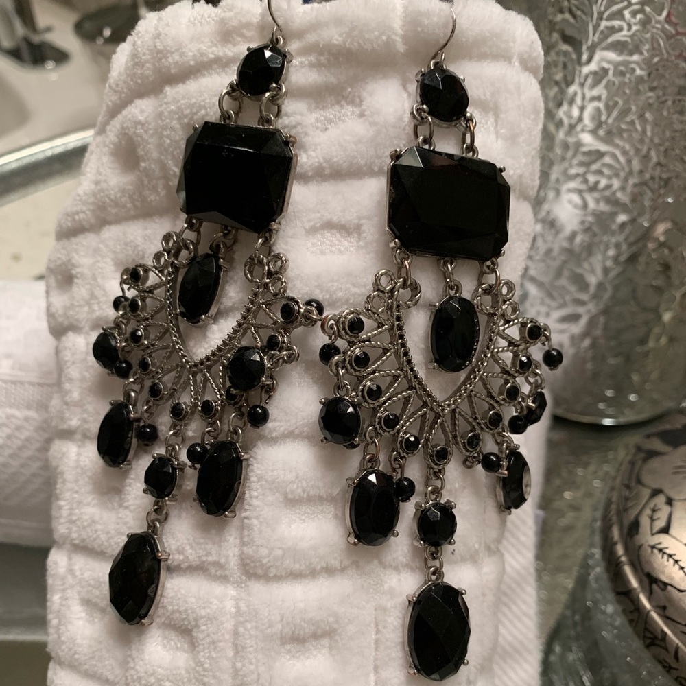 Chandelier silver and black statement earrings